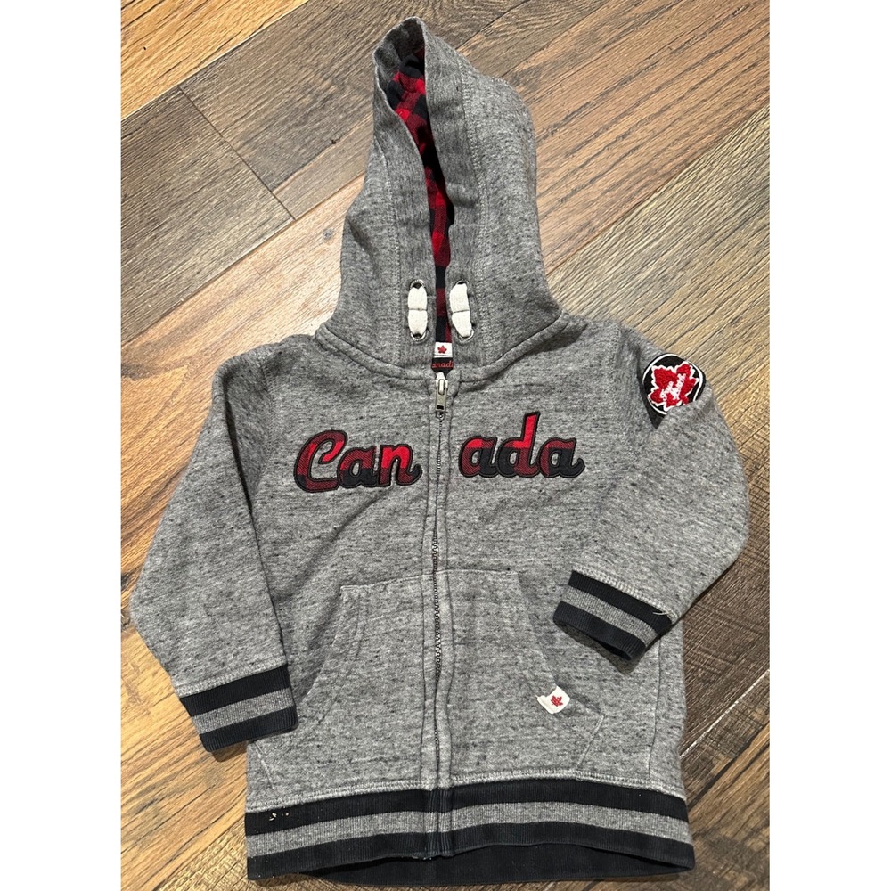 Canadiana Kids Zip Up Hoodie Grey Plaid‎ Lined Maple Leaf Patch Size 2T